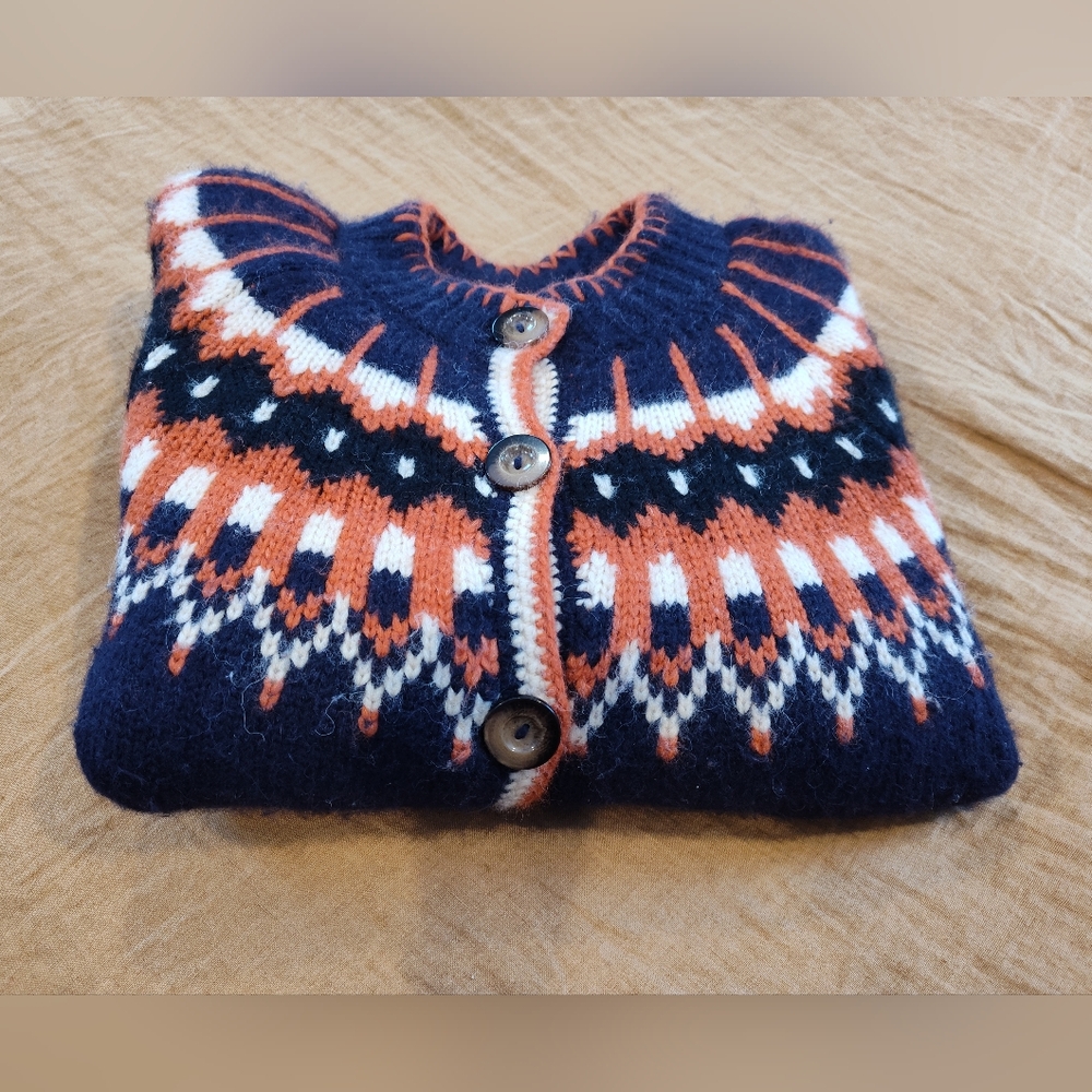 Doen Hue Balloon Sleeve Wool Fair Isle Cardigan Sweater XL - Picture 2 of 9